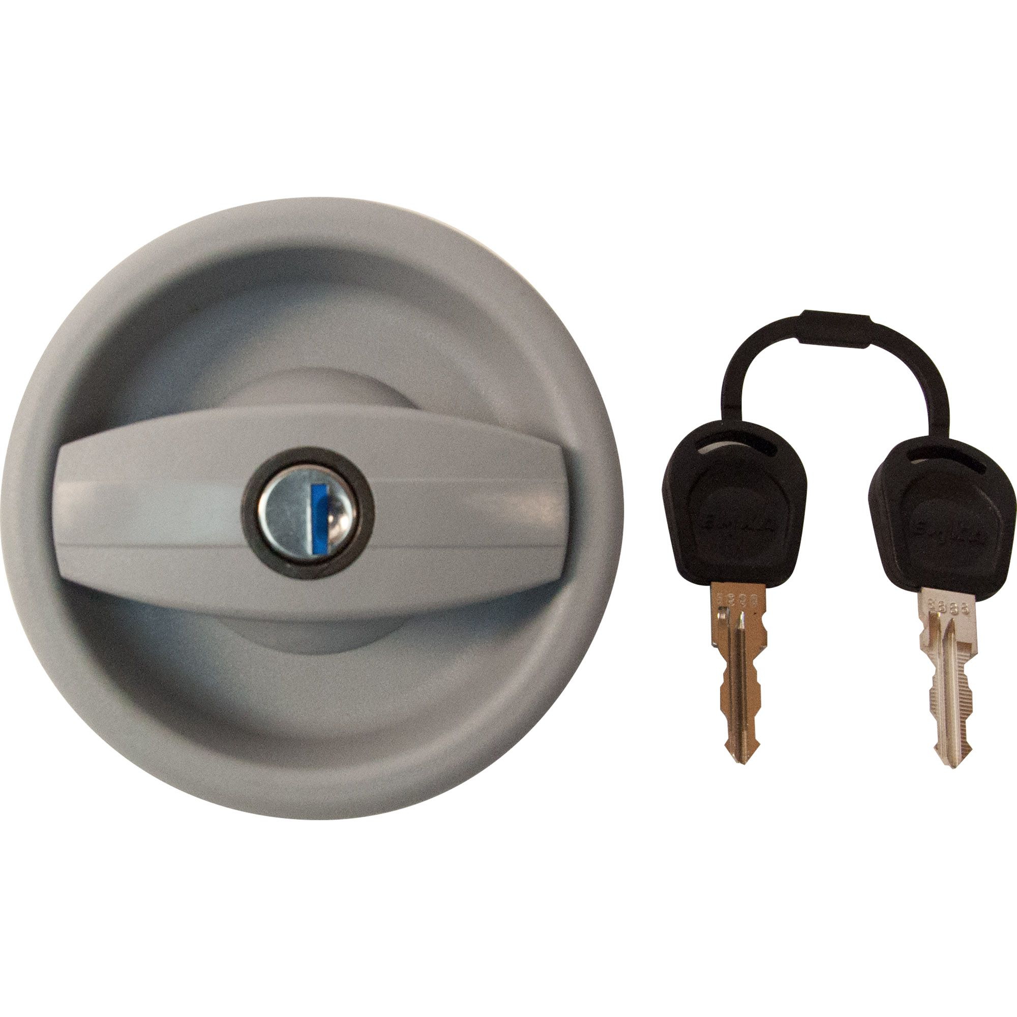 Aussenschloss, Kunststoff, grau, Ø 110 mm Aussenschloss, Kunststoff, grau, Ø 110 mm