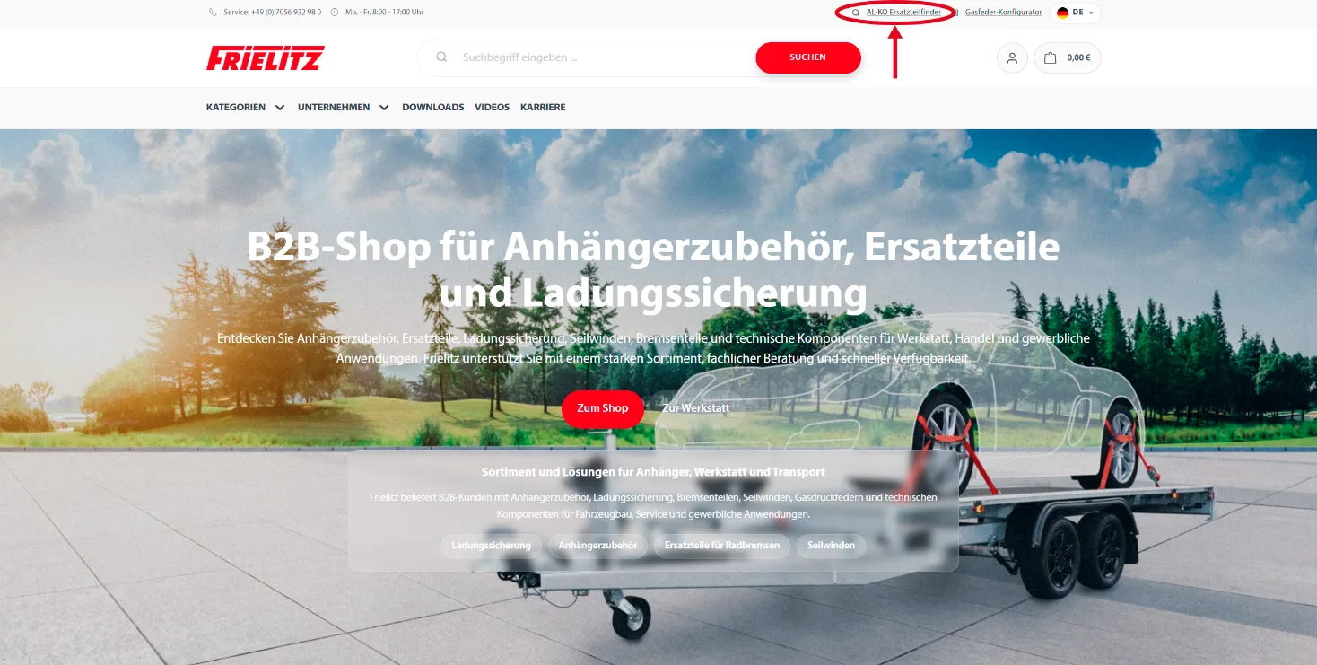 Der AL-KO Ersatzteilfinder auf der Startseite der Frielitz Webseite