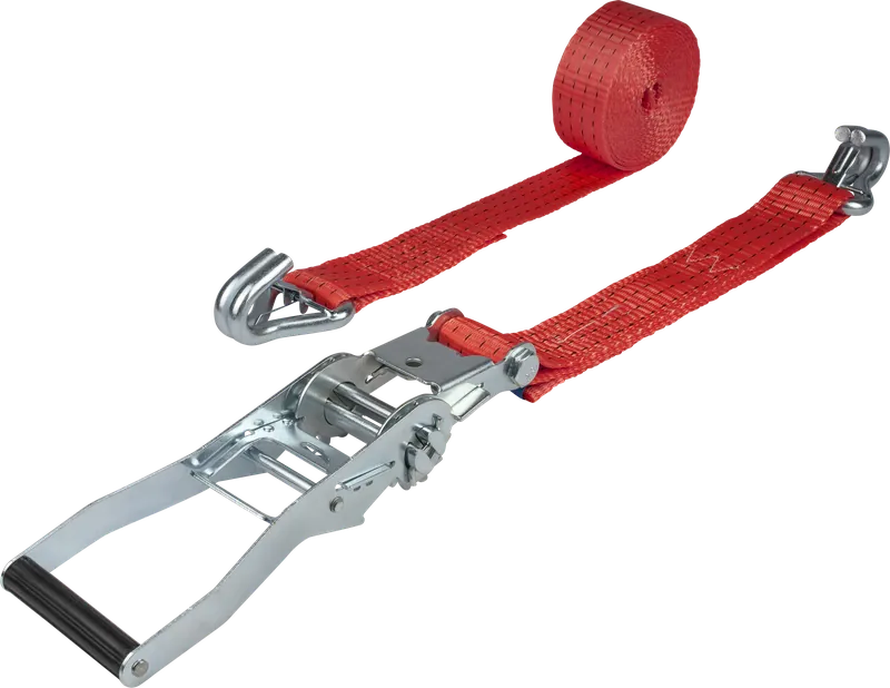 Roter Zurrgurt mit Druckratsche und Spitzhaken mit Sicherung